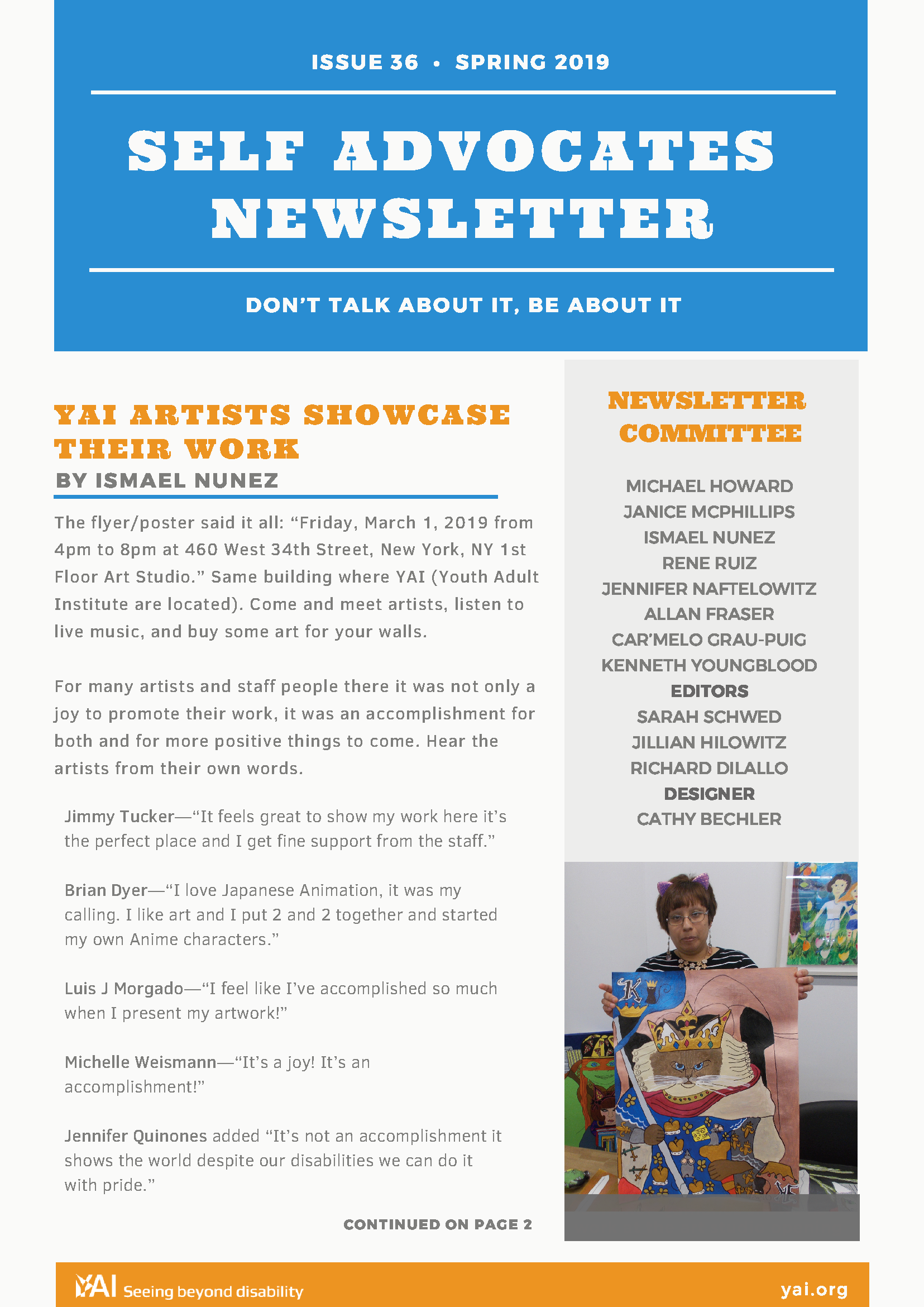 Front page of the Spring 2019 Self Advocate Newsletter