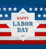 The words "HAPPY LABOR DAY" on background of white stars on a blue background and red and white stripes, not quite an American flag.