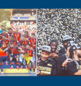 collage of 2 images, one of the Spain soccer team celebrating winning the world cup and on of NBA celebrations.
