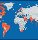 Map of world, many countries are colored red to show where people tuned in to YAI online events