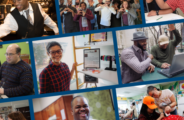 collage of photos of people with I/DD at work and elsewhere