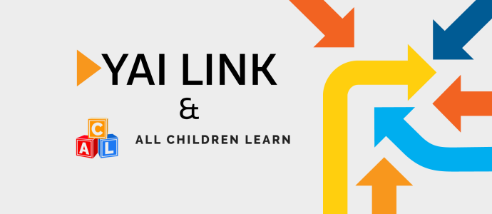 YAI LINK & All Children Learn logos with colorful arrows pointing in different directions on the right