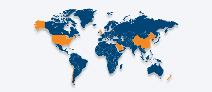 Map of the world, most countries are blue, however Chile,  China, Jordan, New Zealand | Puerto Rico, Saudi Arabia, South Korea, United Kingdom, and United States are orange