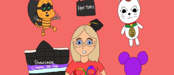 Artwork by Ashley Tyrie. A self portrait and various items that represent Ashley and her interests
