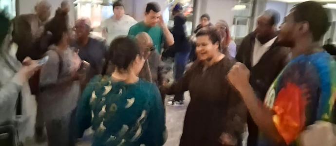 blurry photo capturing the dancing fun at the 70s boogie disco party