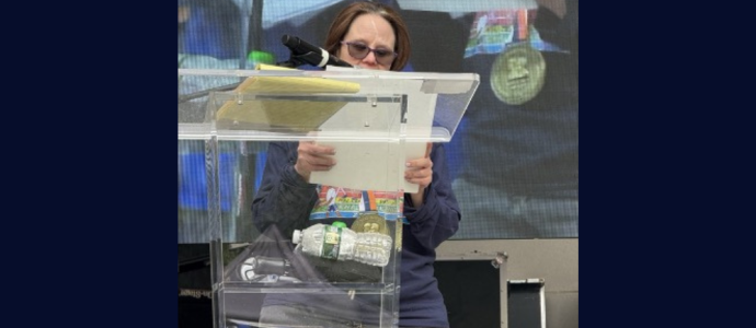 Janice stands at the podium at the Central Park Challenge and reads her speech