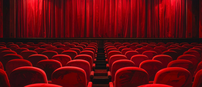 An empty movie theatre with red seats and red curtain.