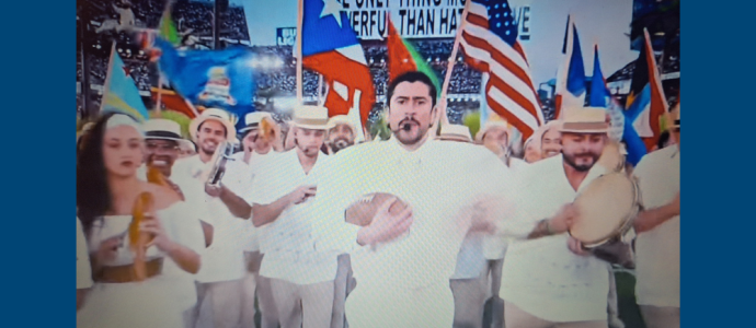 Video still of Bad Bunny and a large group of people at the Superbowl in 2026