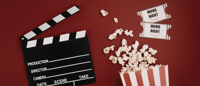 Representing movies we have a clapboard, popcorn and movie tickets