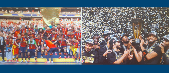collage of 2 images, one of the Spain soccer team celebrating winning the world cup and on of NBA celebrations.