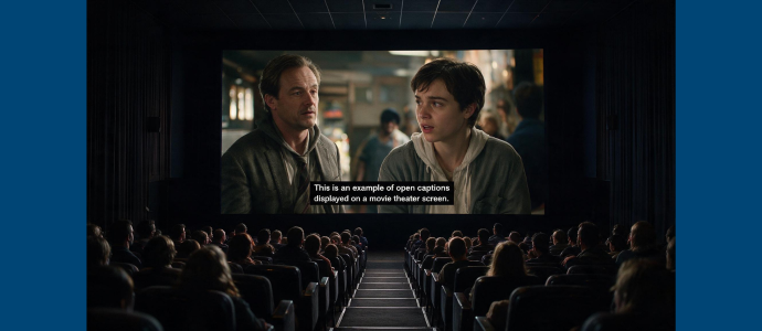 A packed movie theater watches a screen showing two men in a scene, with subtitles across the bottom that read “This is an example of open captions displayed on a movie theater screen”