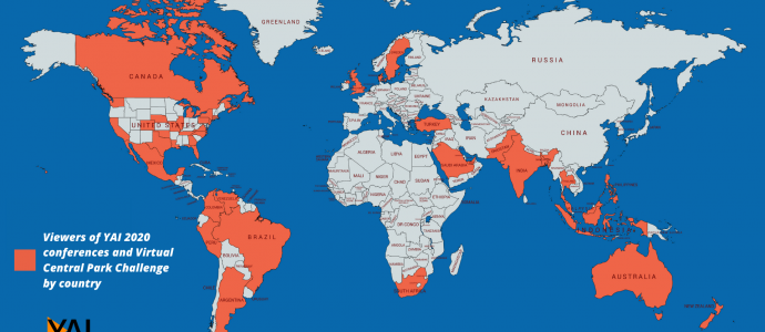 Map of world, many countries are colored red to show where people tuned in to YAI online events