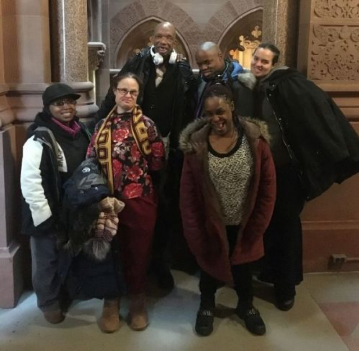 (From left to right) Loretta, YAI Self Advocacy President Janice, Lee, Kevin, Kisha, and Jennifer in front of the Capitol Buildi