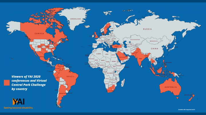 Map of world, many countries are colored red to show where people tuned in to YAI online events