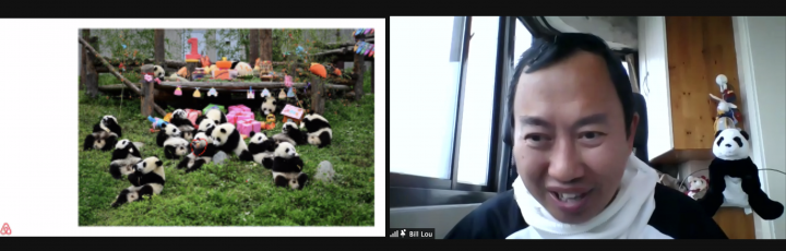 screenshot of a person smiling (on right screen) on zoom call with many adorable pandas on left screen. 