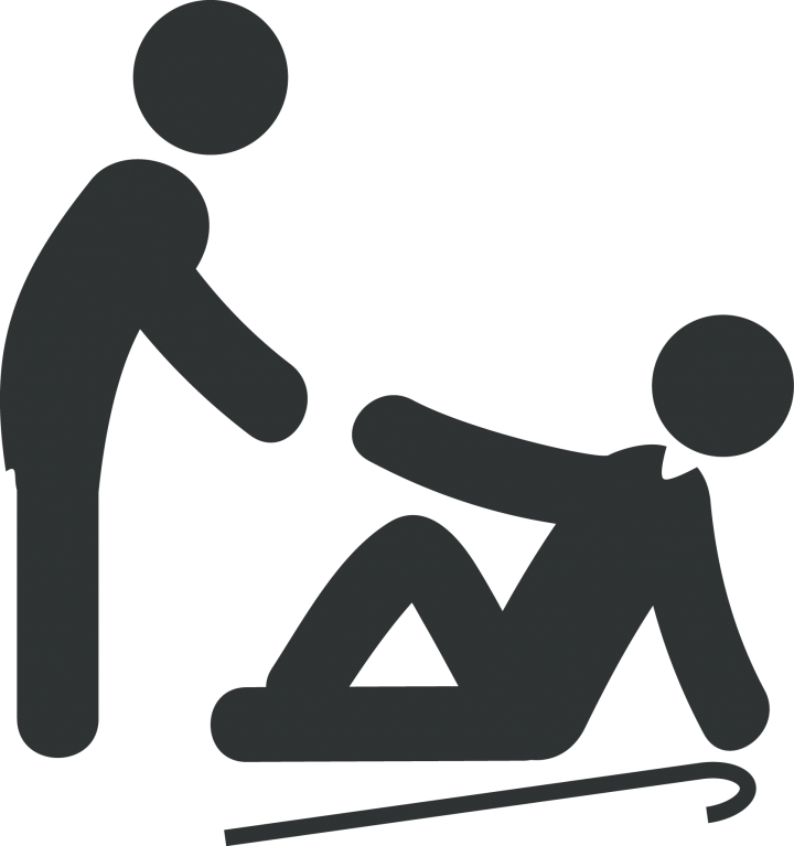 Simple graphic of a person helping another person from the floor, a cane is also on the floor