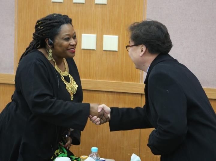 YAI’s Connie Senior meets with attendees during her training session in Seoul, South Korea.