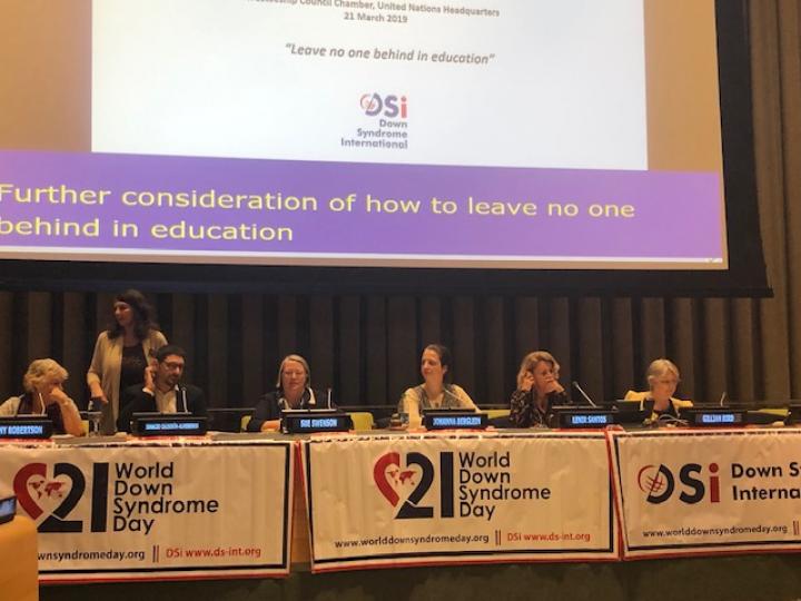 panel of people at table in front of projected screen at UN for national down syndrome day