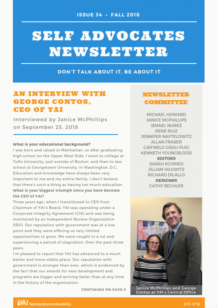 Front page of the Fall 2018 Self Advocate Newsletter