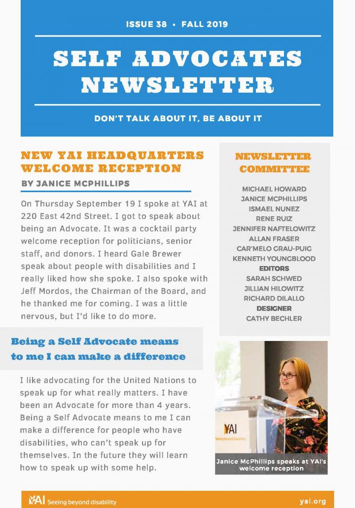 Front page of the Fall 2019 Self Advocate Newsletter