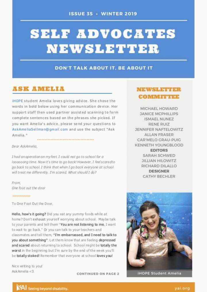 Front page of the Winter 2019 Self Advocate Newsletter