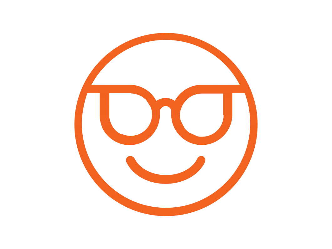 orange icon of smiley face with eyeglasses