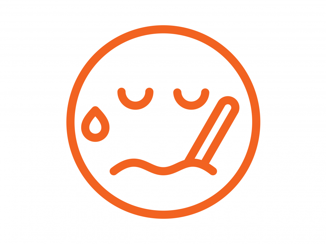 orange icon of sad face with thermometer in mouth and tear by one closed eye