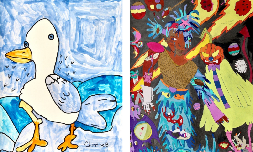 2 images of artwork side-by-side. On the left is "Seagull" by Christine Buda and on the right is "Smooth Sailing in Space" by Jimmy Tucker.