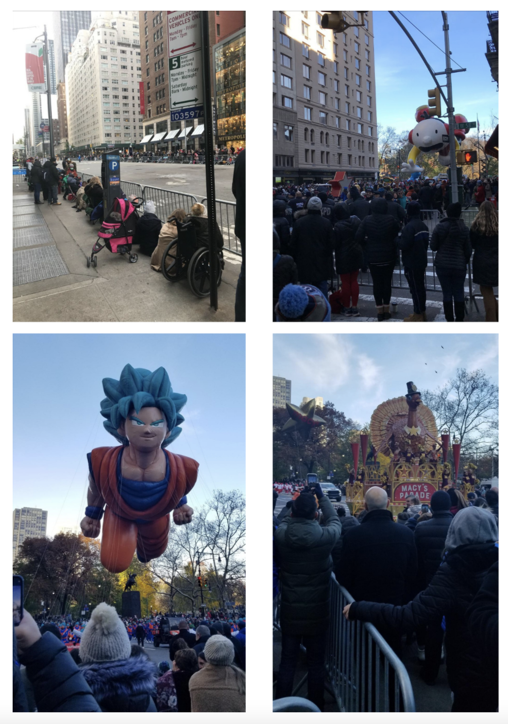 4 photos from different parts of the Macy's Thanksgiving Day Parade in Manhattan, NY