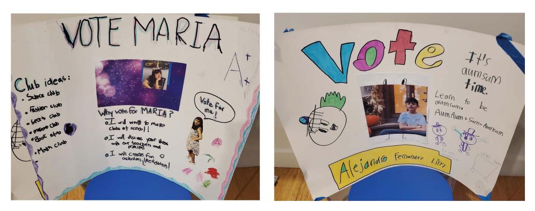 Two side-by-side images of hand made voting campaign posters with text and photos of the people campaigning