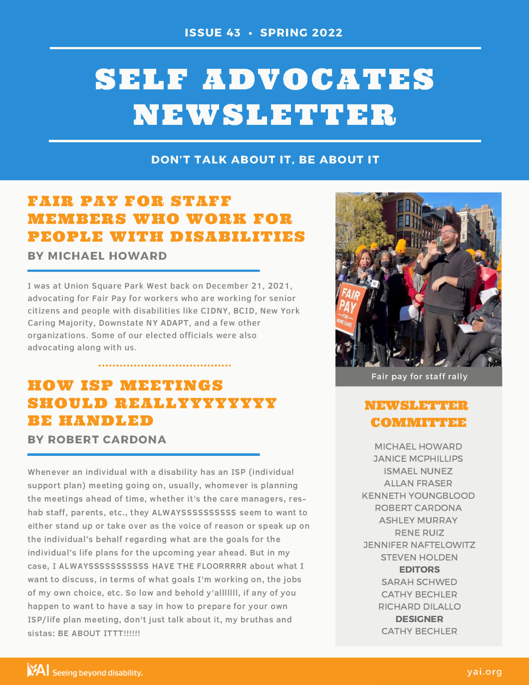 Front cover of the Spring 2022 Self Advocates Newsletter