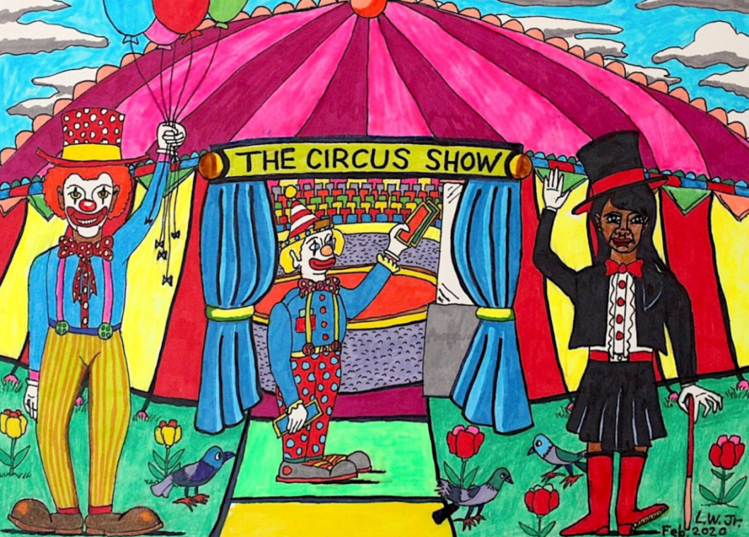 Colorful hand-drawn illustration of a circus big top with 2 clowns and a person wearing a tophat outside of the tent.