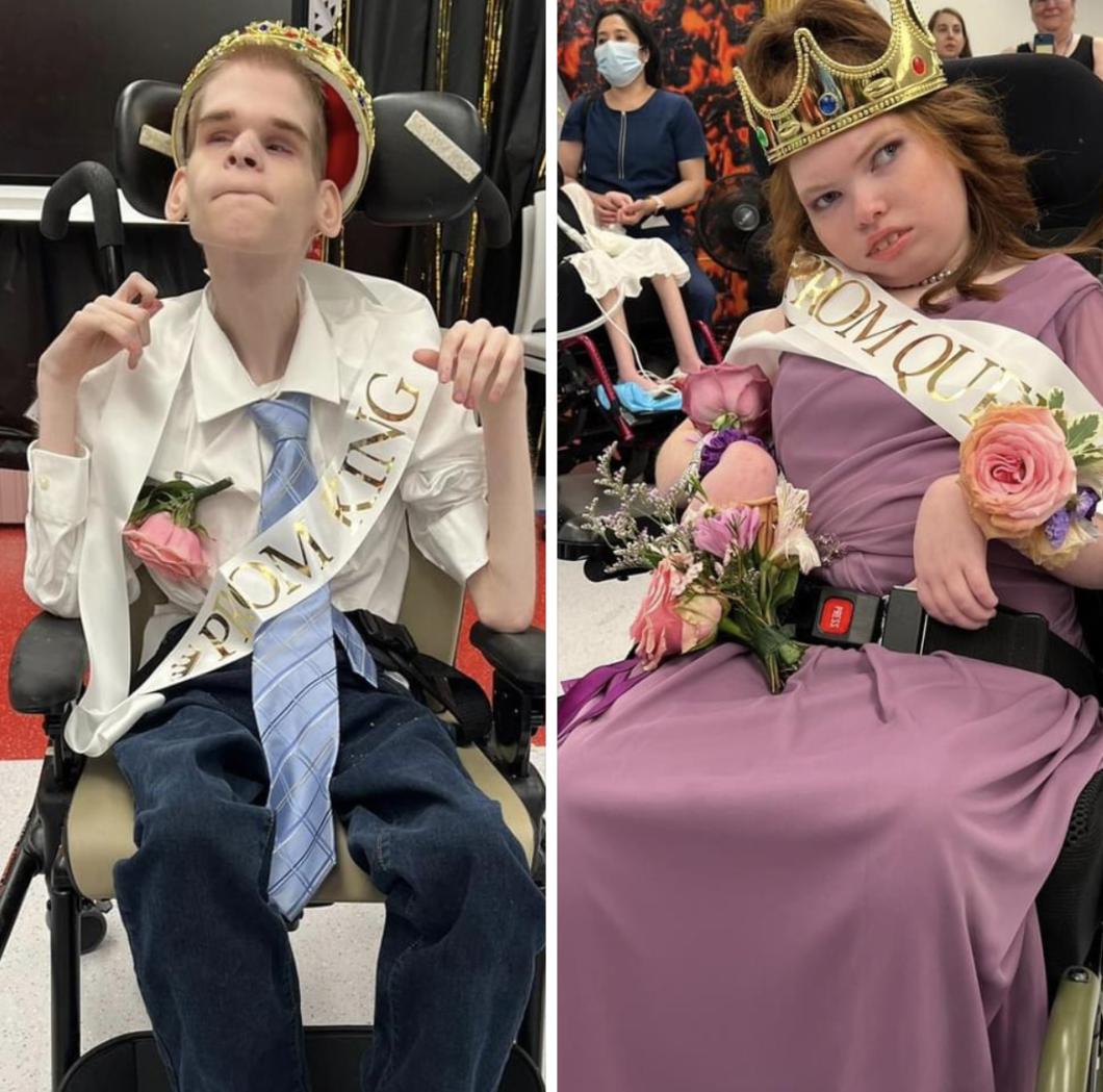 2 photos side-by-side of iHOPE high school graduates wearing Prom King and Prom Queen Sashes and crowns