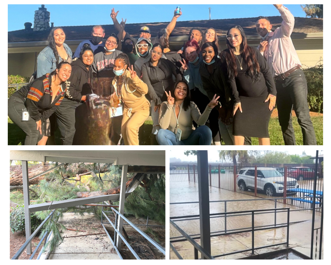 3 photos top is group of people posing for photo. Bottom left is fallen tree by building, bottom right is flooding.