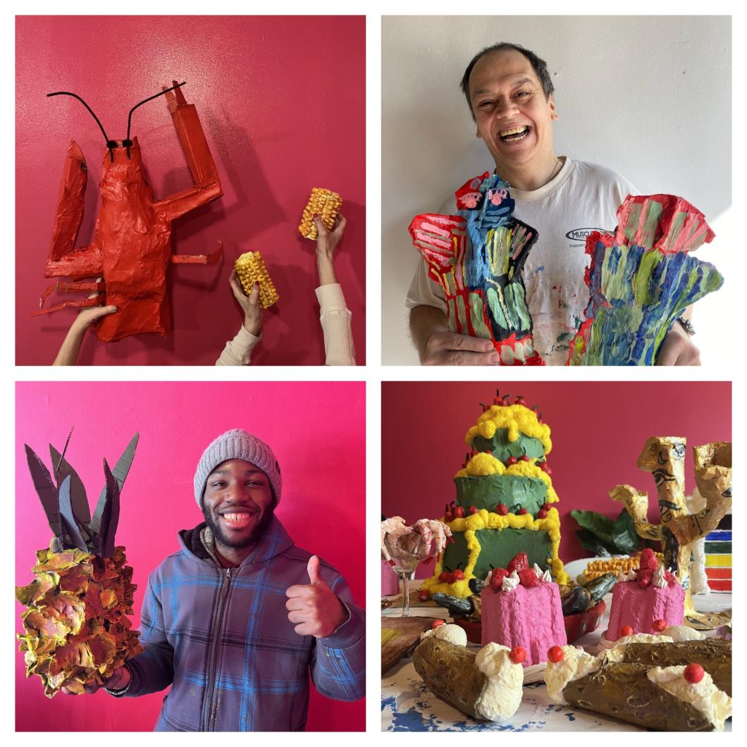 4 images, top left lobster and corn, top right a man holding art and smiling, bottom right a feast of artistic food, bottom left a man holding a creative pineapple he's smiling and holding his thumb up