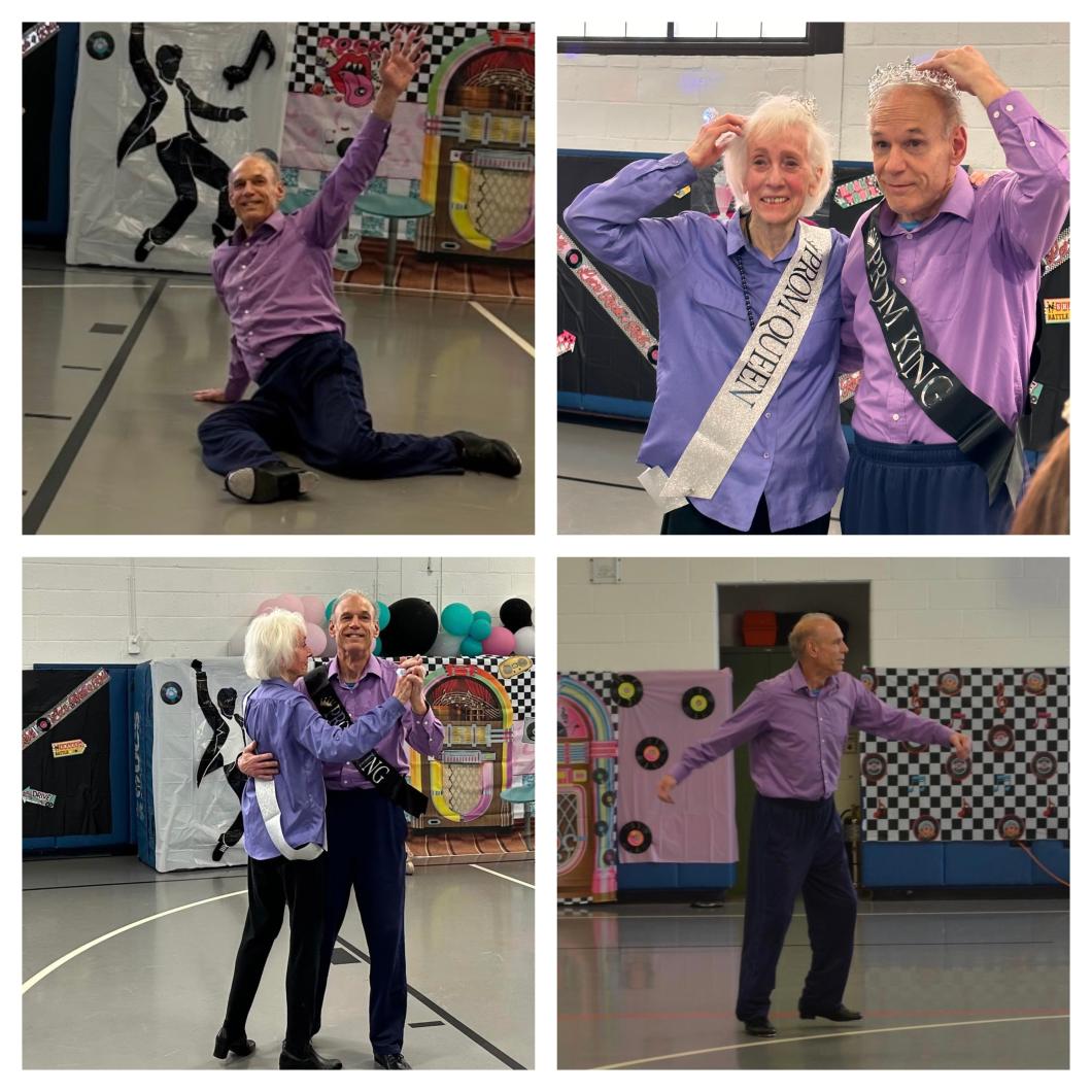 A selection of 4 photos of a white man wearing a purple shirt dancing alone or with a partner