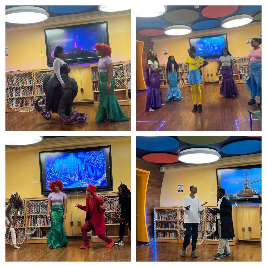 4 photos of students acting out different scenes of The Little Mermaid
