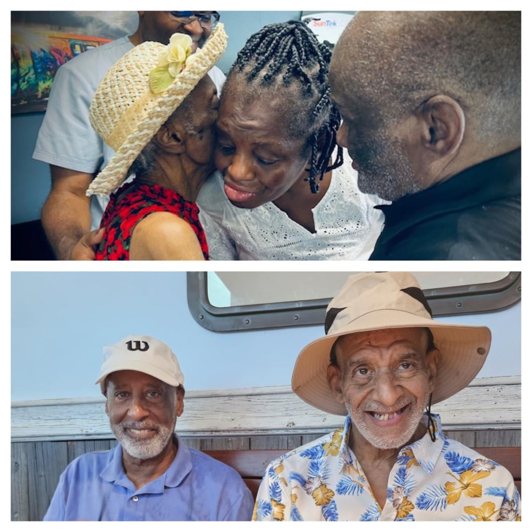 Two photos top is where you see 3 people embracing, bottom is two men sitting side by side smiling for photo.