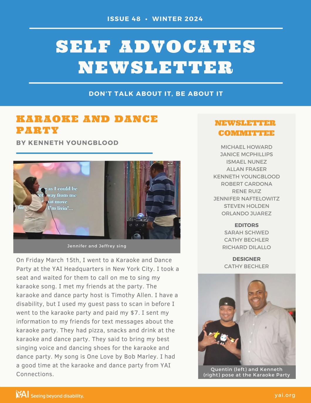 Preview of the first page of the spring 2024 self advocates newsletter