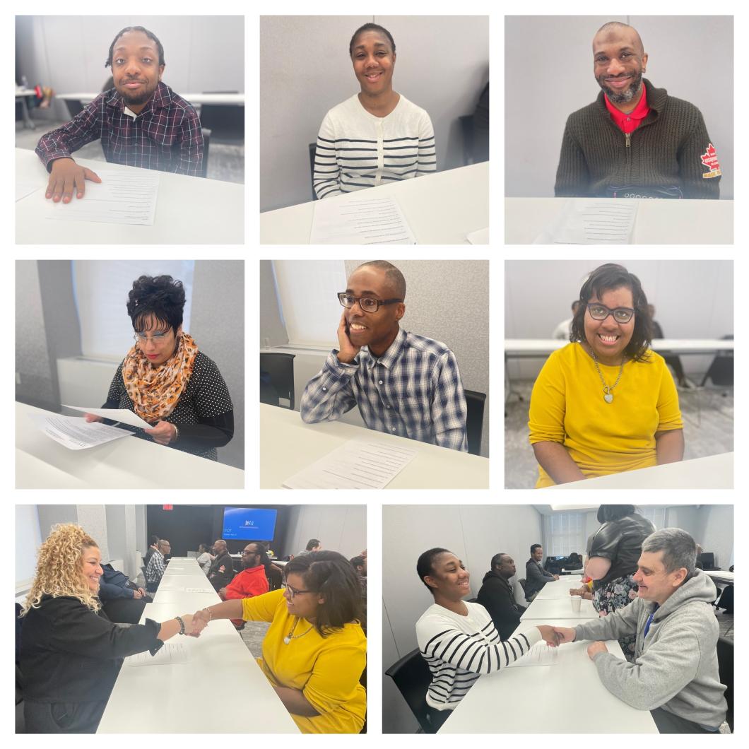 8 images of people smiling at a desk or people shaking hands as in interview