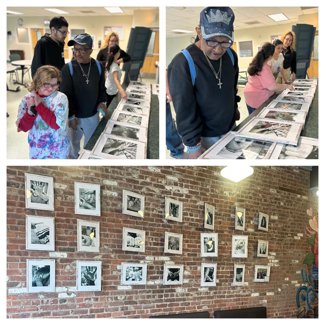 Collection of 3 photos of people looking at photography and photography on the wall