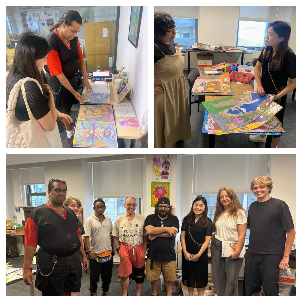 3 photos of Miller visiting with YAI Arts