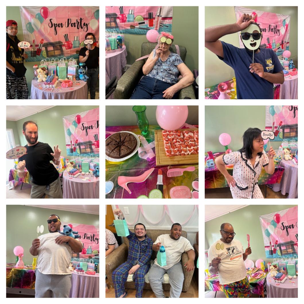 collection of 9 photos of various residents enjoying a spa day at Woodside