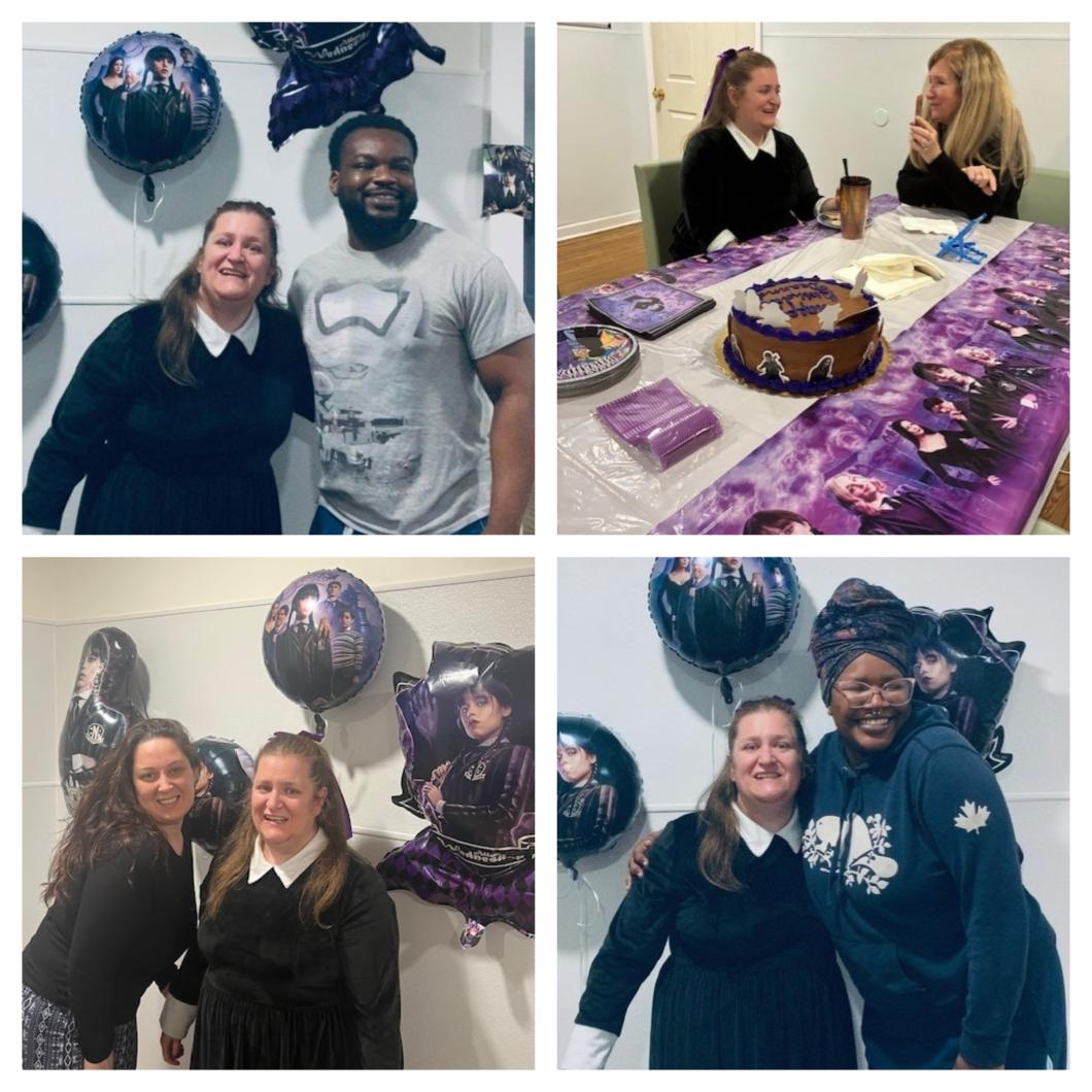 4 photos of Deanna posing with staff at her birthday party