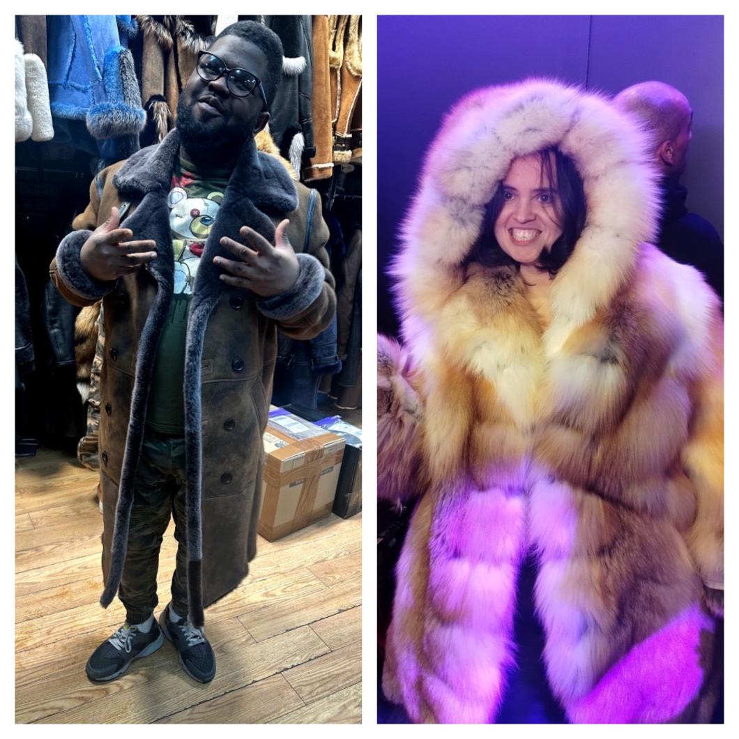 Two photos of people modeling two different fur coats, one brown and one with a large hood, surrounded by other coats.