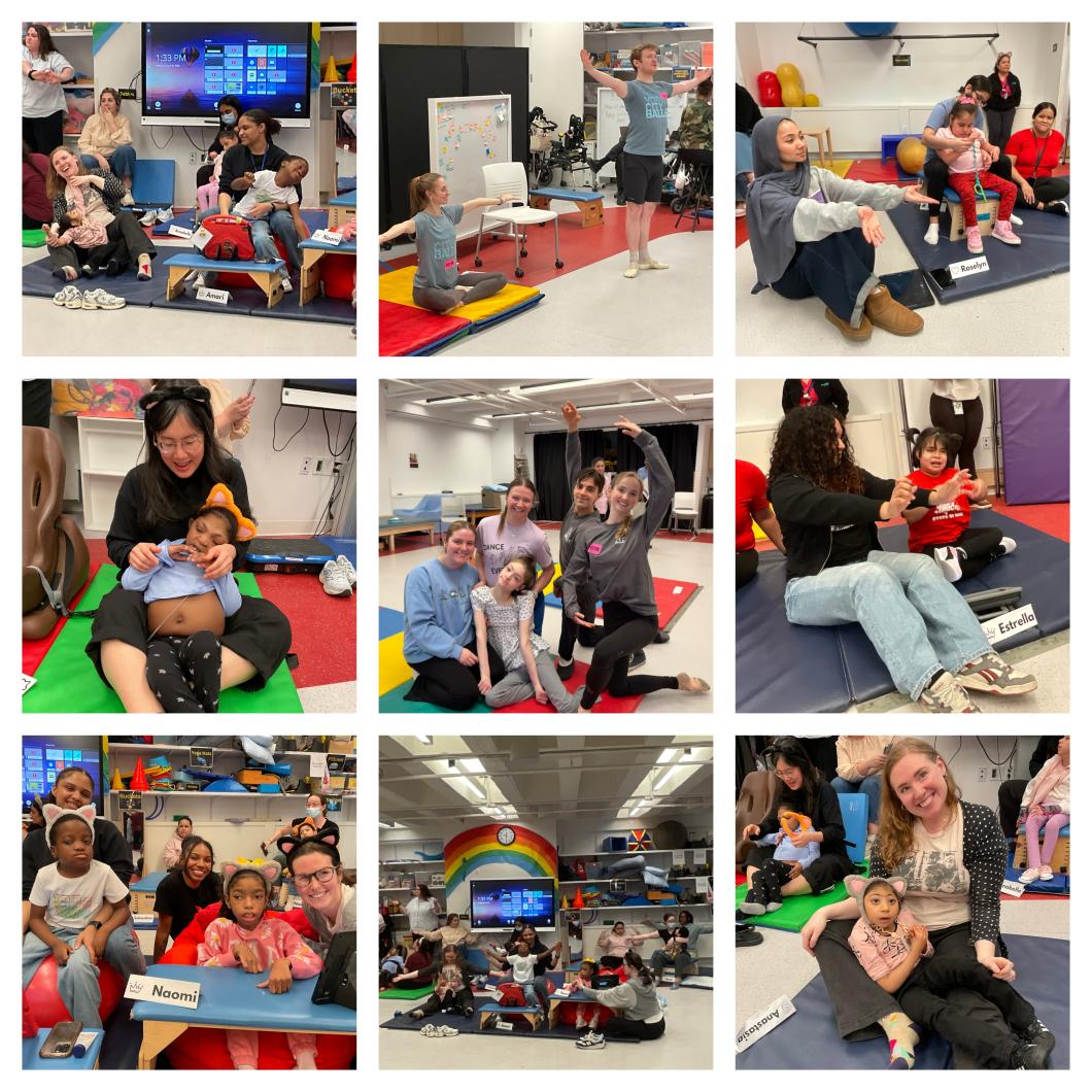 9 images of students and adults participating in group activities, stretching, playing, dancing, and sitting together in a classroom setting.