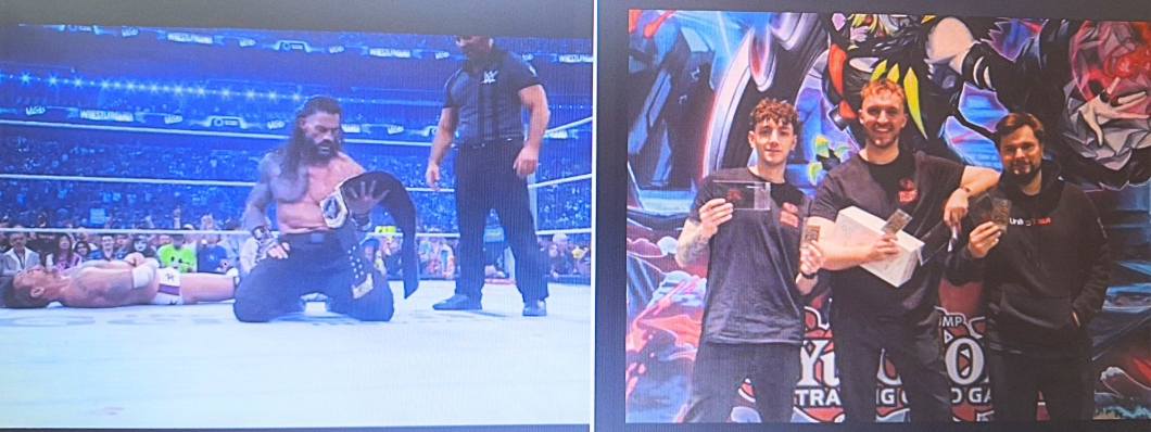 2 shots from video, one of wrestling, one of people holding up awards for Yu-gi-oh