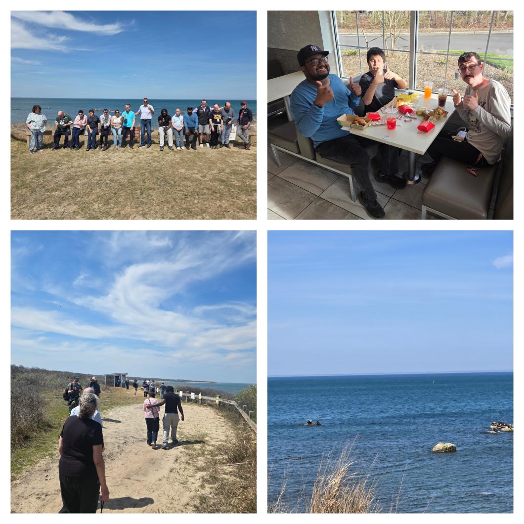 4 photos of a group of people enjoying outdoor activities by the sea and dining together, with scenic ocean views and walking paths.