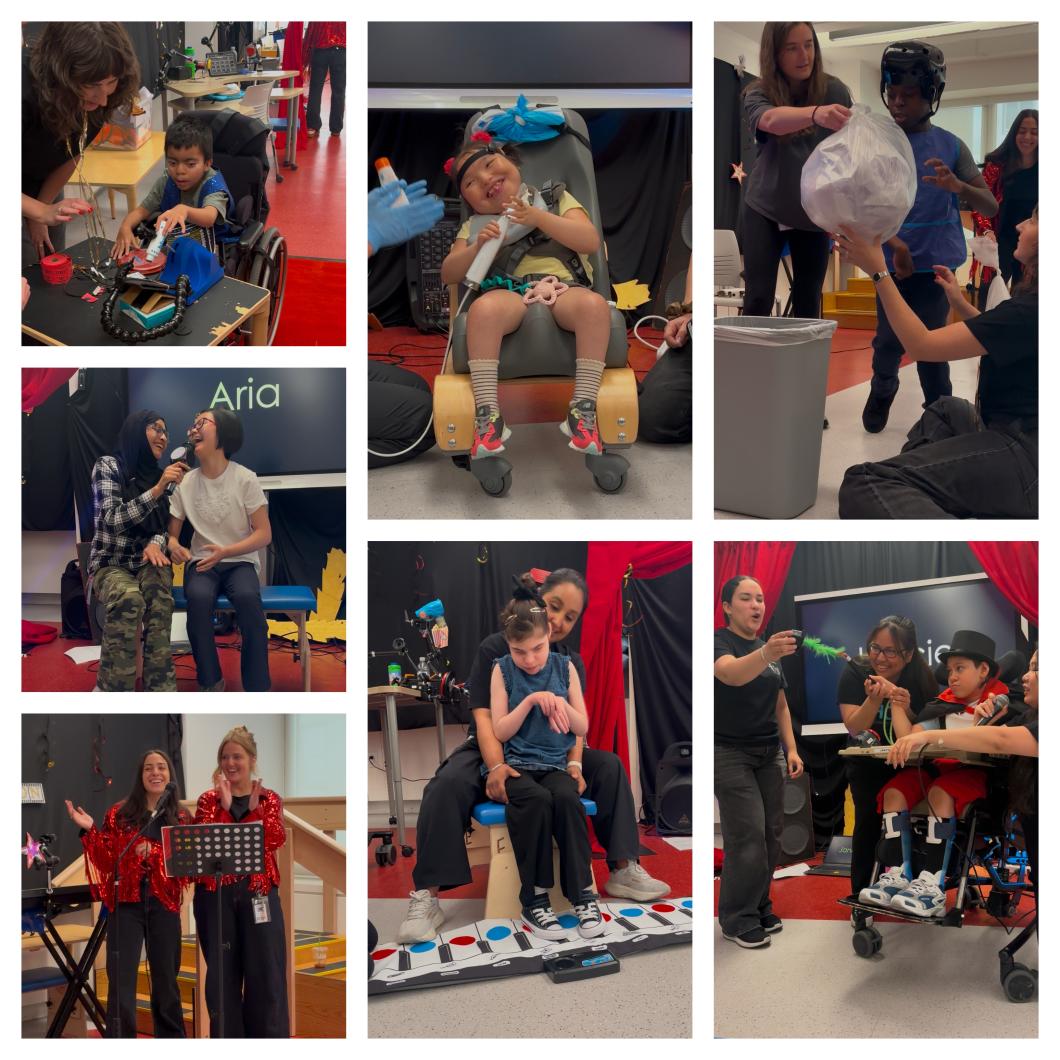 Collage of pictures showing students and staff at iHOPE participating in interactive activities and performances in a classroom setting.