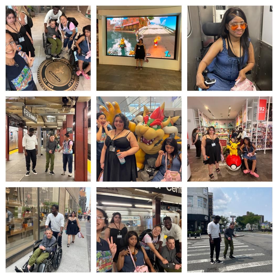Collage of people we support at the Nintendo Store and travel scenes with interactive exhibits, character displays, groups, wheelchair users, and a city crosswalk